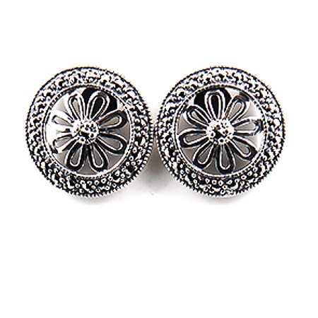 Marcasite Flower Wheel Button-sized Sterling Silver Earrings - Click Image to Close